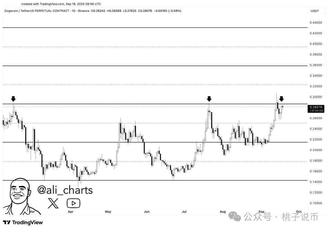 狗狗币逼近0.29美元阻力：平行通道突破或推价格至0.36-0.45美元